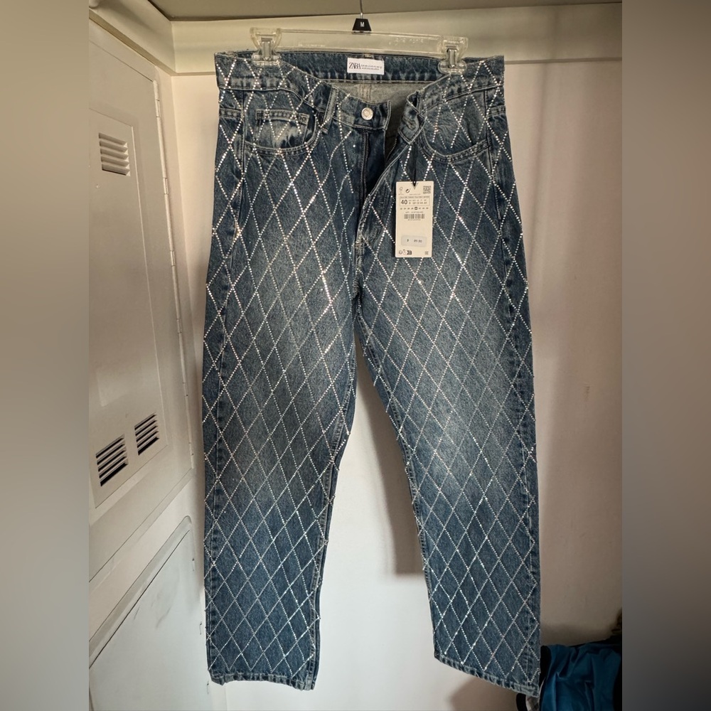 ZARA Rhinestone Diamond Pattern Jeans – Size 8 / EUR 40 – NWT